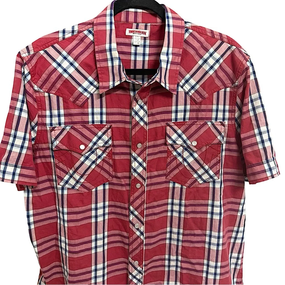 TRUE RELIGION MEN RED PLAID PEARL SNAP BUTTON DOWN SHORT SLEEVE WESTERN SHIRT XL
